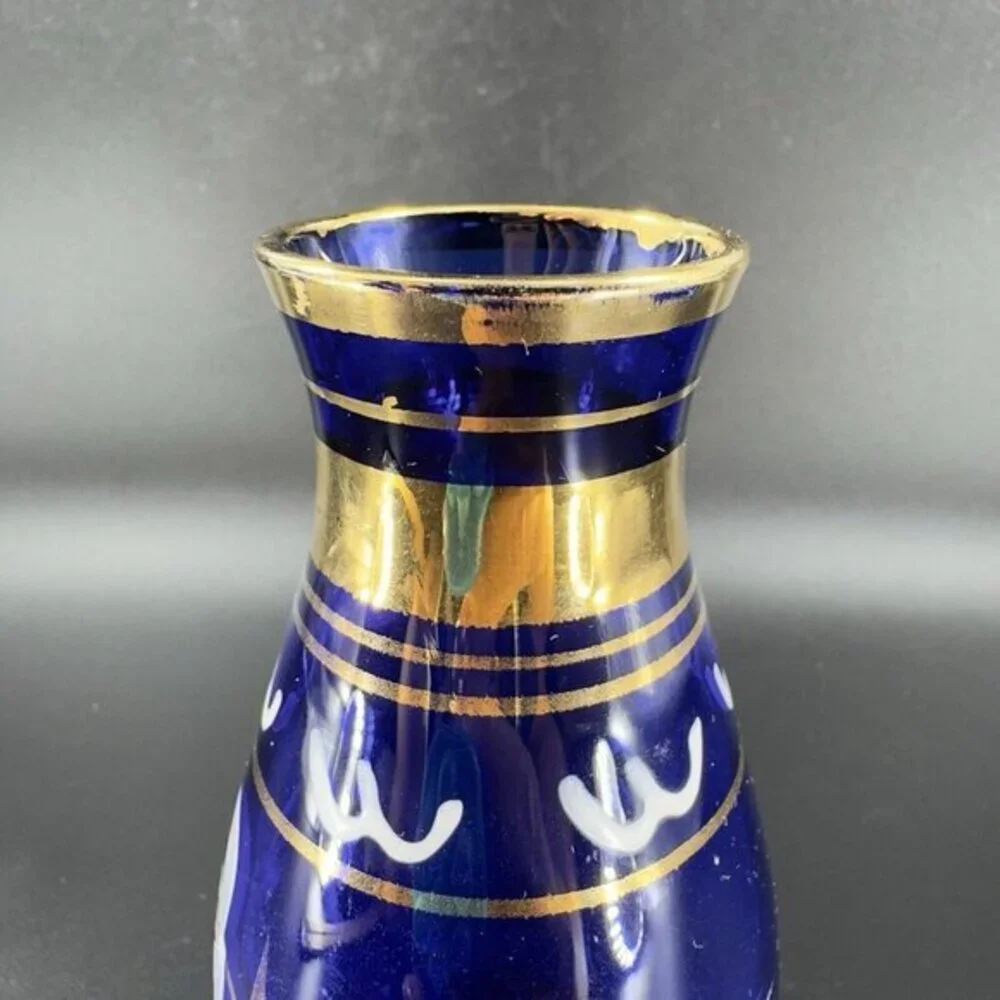 Vintage Bohemian‎ Art Glass Vase Vessel With Hand Painted Flowers Czech Vase VTG